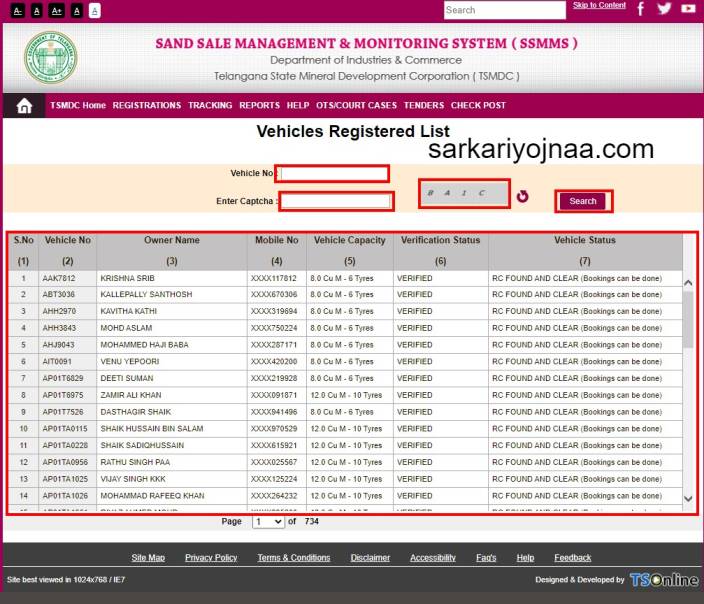 TSMDC Portal VEHICLE REGISTERED LIST , TS Sand Booking