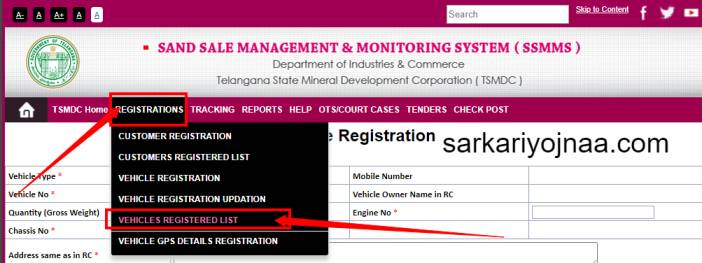 Vehicle Registered List On TSMDC Portal  , TS Sand Booking