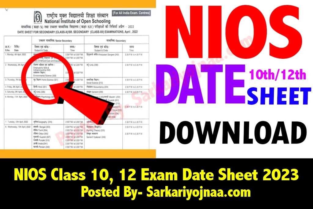NIOS Class 10 12 Exam Date Sheet 2023 NIOS 12th exam date sheet