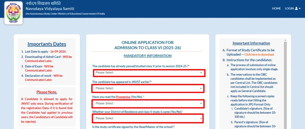 Navodaya Vidyalaya Class 6 Admission Form Navodaya Vidyalaya Class 6 Admission Form
