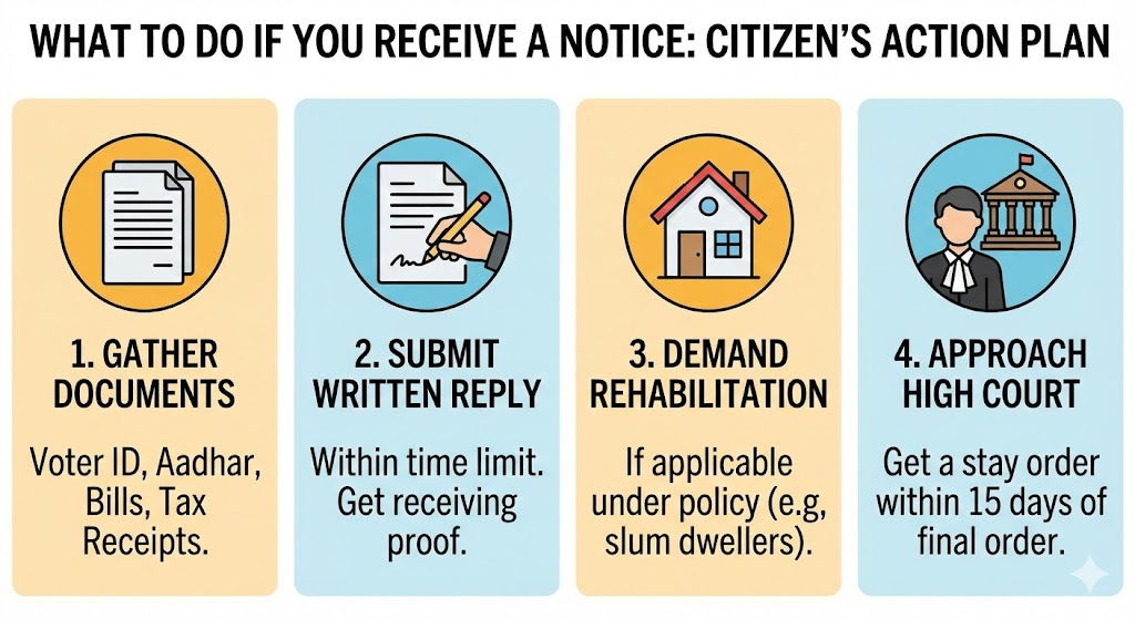 Step-by-step guide for citizens on what to do if they receive a demolition notice: Gather documents (Aadhaar, Bills), Submit written reply, Demand rehabilitation, and Approach High Court for a stay order.